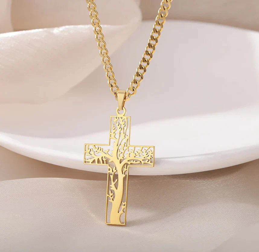 Stainless Steel Cross Necklace For Women Gold Color Chain Cross Pendant Necklaces Retro Religion Jewelry Gift bijoux femme