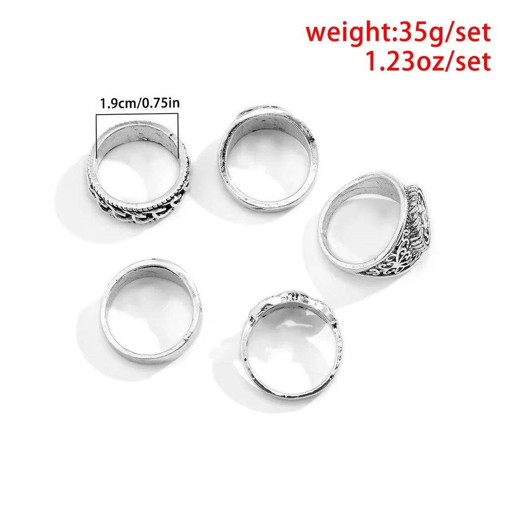 5Pcs/Set Goth Totem Horse Flame Antique Silver Color Rings for Men Unisex Punk Carved Knuckle Male Jewelry Accessories Steampunk