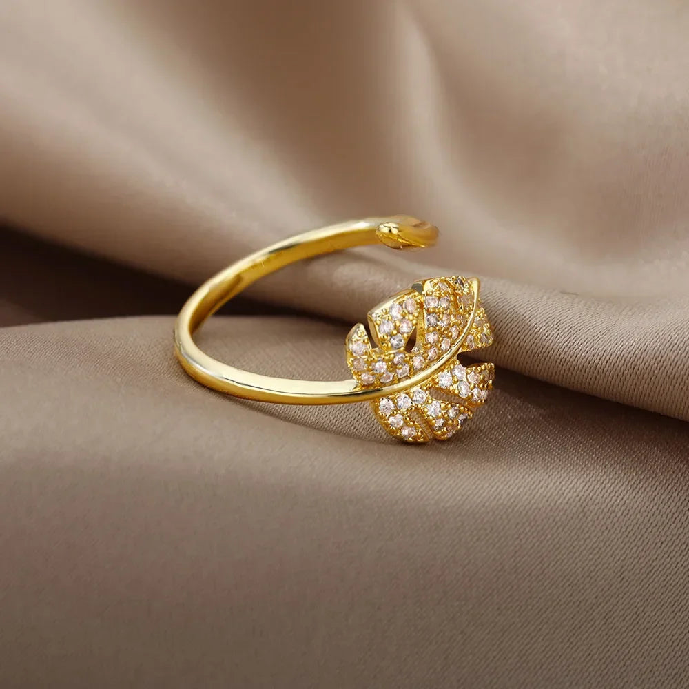 Fashion Palm Leaf Shape Open Rings For Women Gold Color Zircon Adjustable Finger Ring Girls Korean Party Jewelry Gift