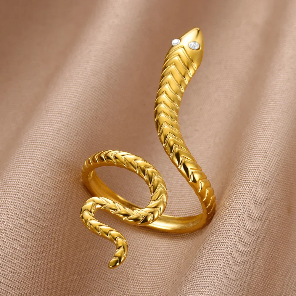 Zircon Snake Rings For Women Men Stainless Steel Gold Color Open Adjustable Ring Vintage Gothic Aesthetic Jewelry anillos mujer