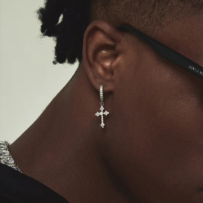 Creative Diamond Cross Earrings Stud Male Female Niche Design High-grade Trendy West Coast Hip Hop Hipster Style