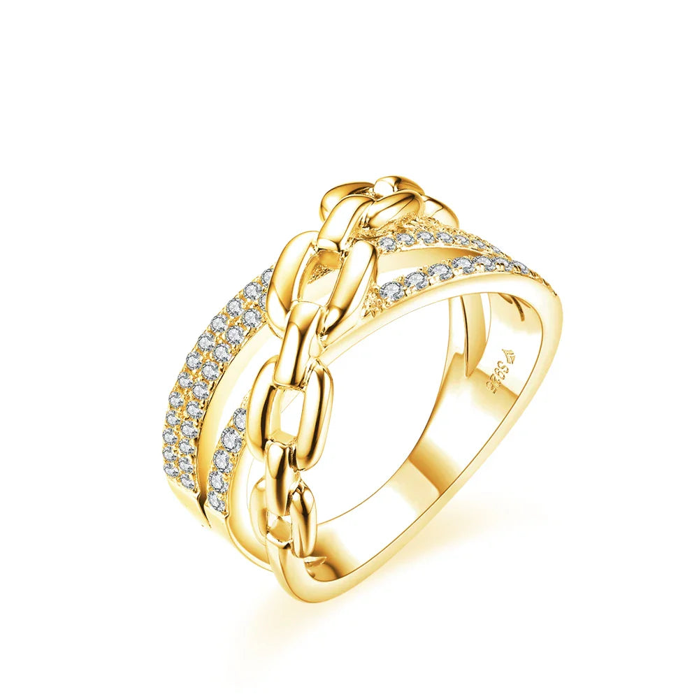MINTYBOX S925 Full Diamond Moissanite Ring for Women Sterling Silver 18K Gold Plated Engagement Link Rings Fine Jewelry Gift