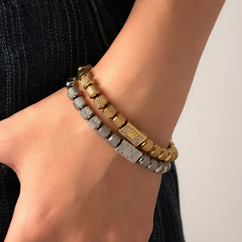 1set Stainless Steel Bracelet Pineapple Bead Crown with Zircon Weaving Adjustable Bracelet Set Trendy Fashion Accessories