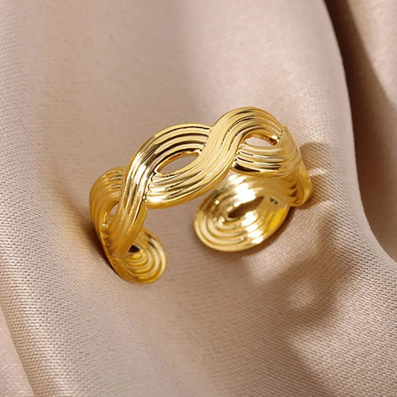 Stainless Steel Flower Rings for Women Gold Color Shell Starfish Multi Layer Hollow Out Ring Fashion Charm Jewelry Wedding Gifts