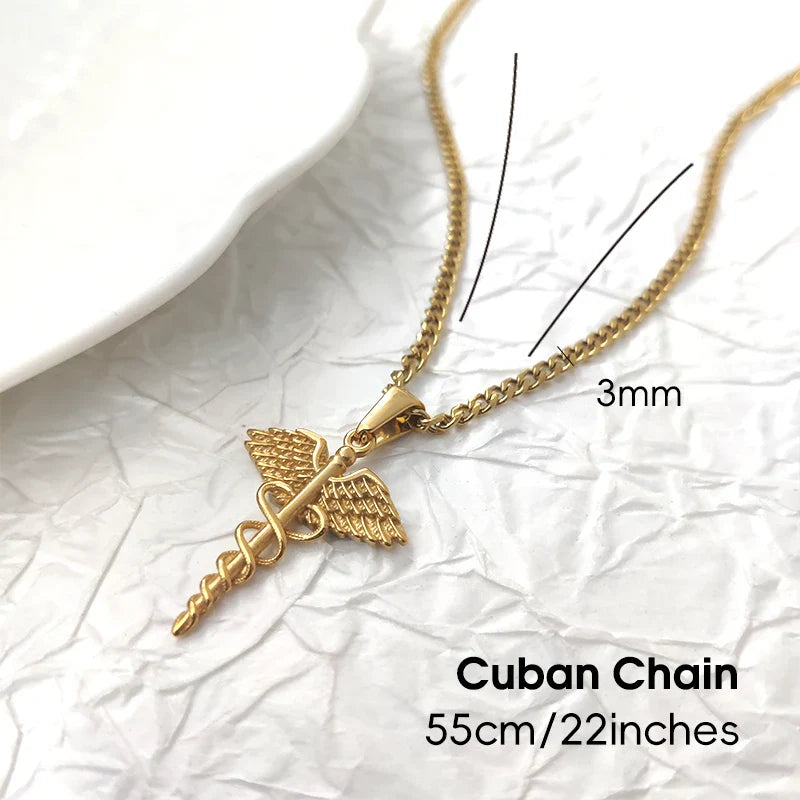18K Gold Plated Stainless Steel Angel Wing Serpent Necklace - Greek Caduceus Pendant, Doctor/Nurse Charm Jewelry