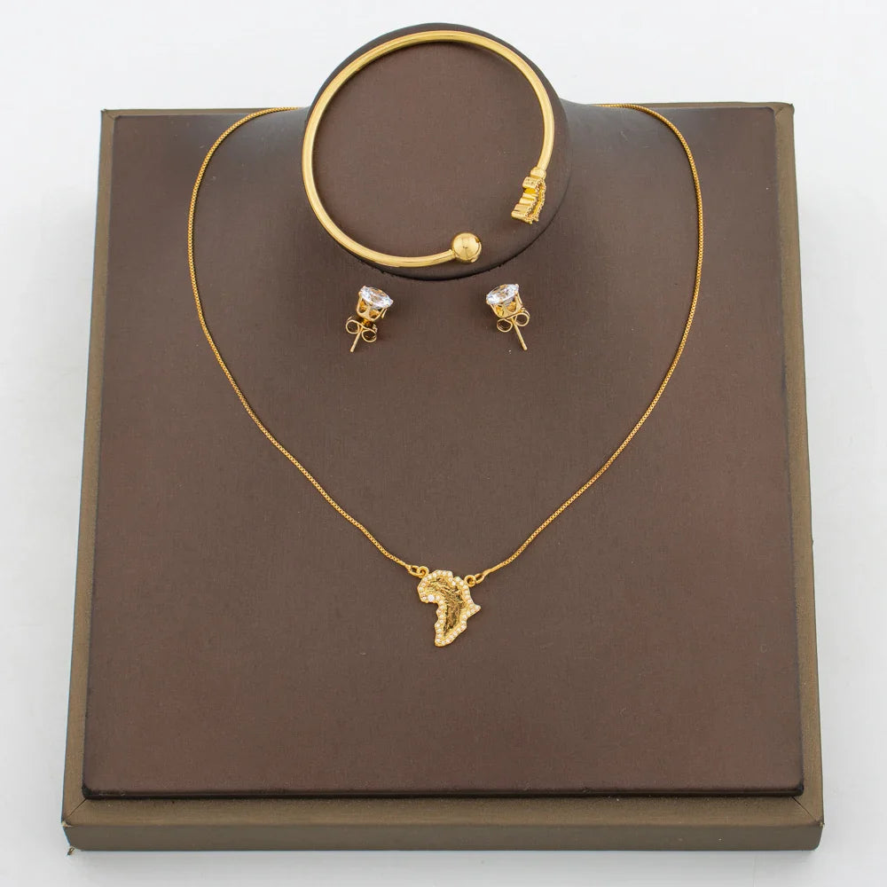 Gold Color Earrings and Necklace Jewelry Set for Party Luxury Zircon Stud Earrings Pendant Necklace Bangle Bride Jewelry Set