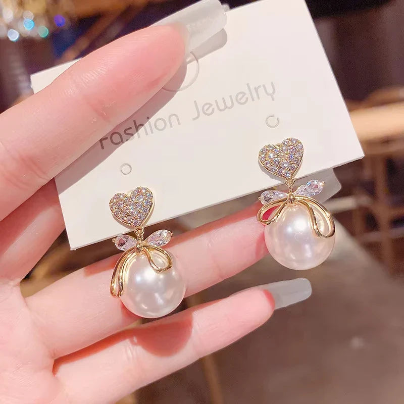 Korean Heart Drop Earrings For Women Girl Romantic Valentine's Day Gift Fashion Jewelry Trend Hanging Pearl Cute Bowknot Earring