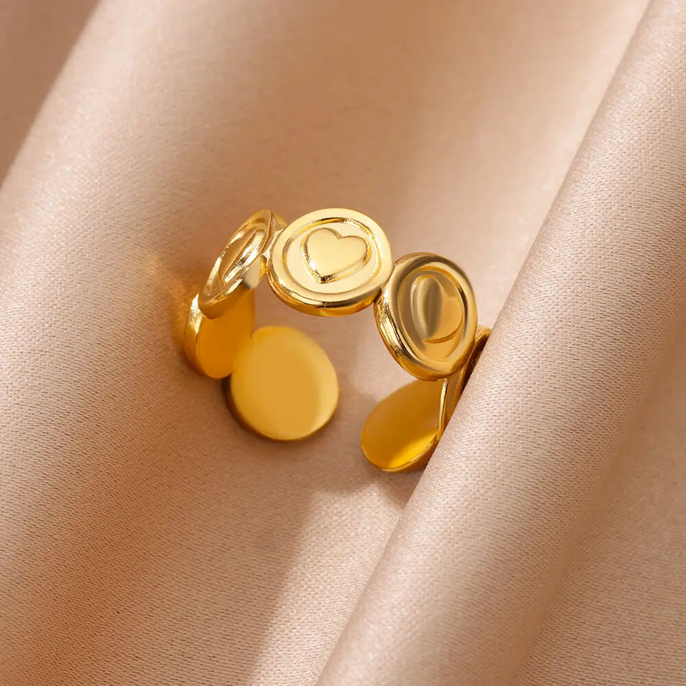 Zircon Heart Rings For Women Stainless Steel Gold Color Adjustable Open Finger Ring Wedding Aesthetic Jewelry Gift 2024