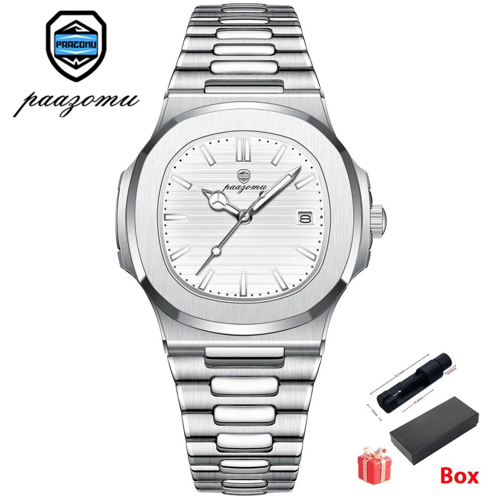 PAAZOMU Luxury Watch Business 50 ATM Waterproof Male Clock Luminous Date Stainless Steel Square Quartz Men Watches reloj hombre