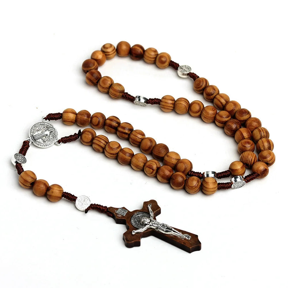 Christian 10MM Wood Beaded Rosary Necklaces For Women Catholic INRI Crucifix Cross Pendant Chain Men Religion Prayer Jewelry