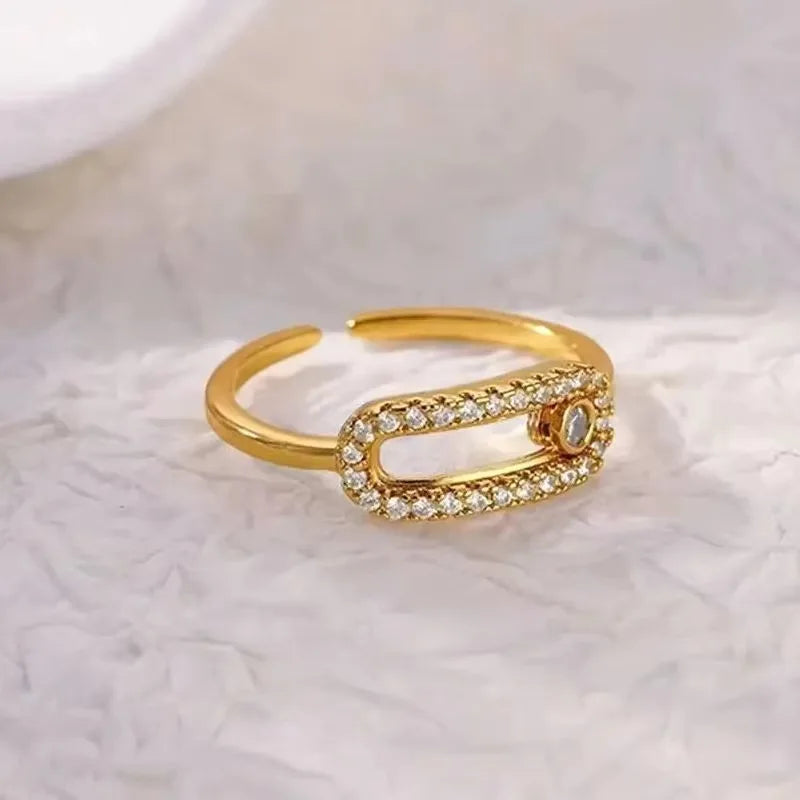 Zircon Chain Cross Rings For Women Vintage Gold Color Stainless Steel Geometric Open Ring Fashion Wedding Aesthetic Jewelry Gift