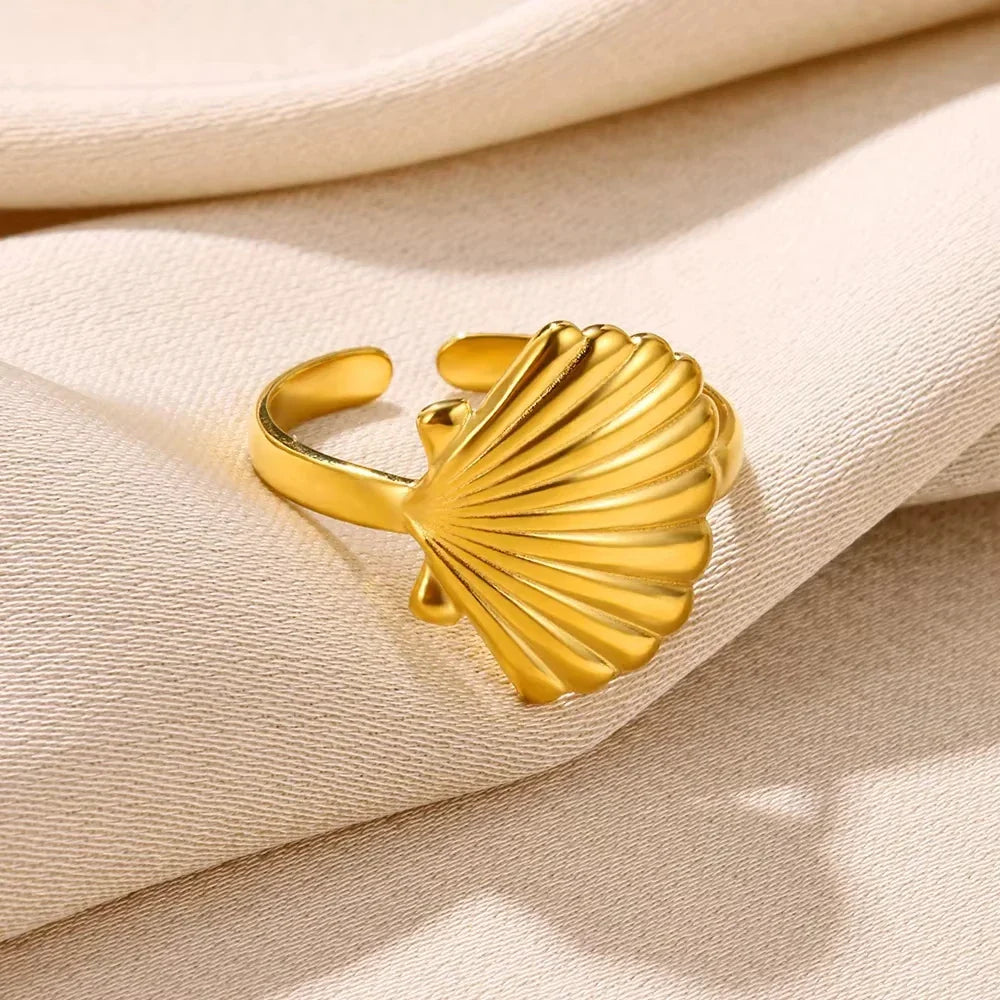 316L Stainless Steel Starfish Shell Rings for Women Gold Color Open Finger Ring Femme Trendy Summer Vacation Ocean Jewelry Gift