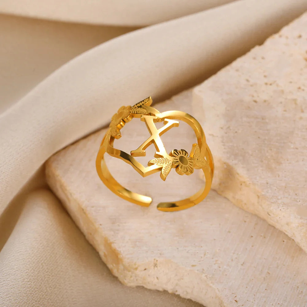Stainless Steel Initials Letter Heart Rings for Women Girls Gold Color Flower Alphabet Ring Fashion Valentine's Day Jewelry Gift