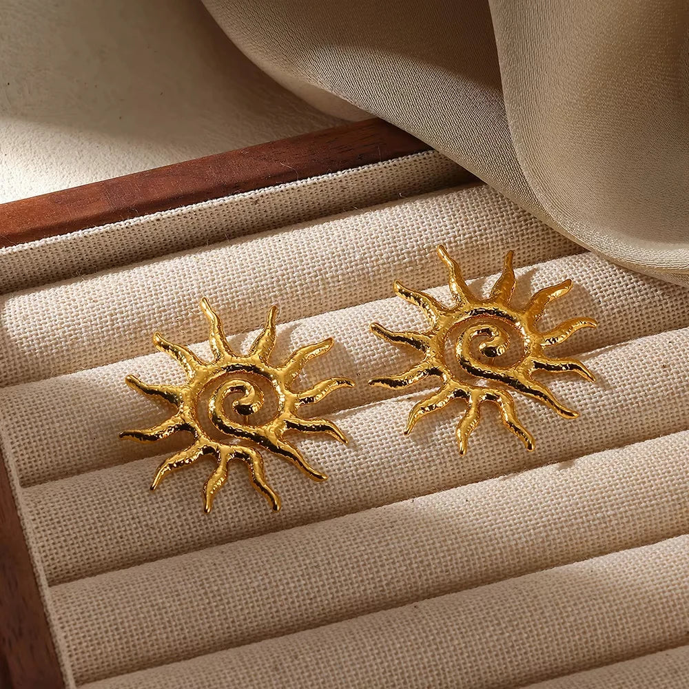 Punk Sun Face Stud Stainless Steel Earrings For Women Gold Color Star Piercing Ear Accessories Femme Gothic Jewelry Party Gift