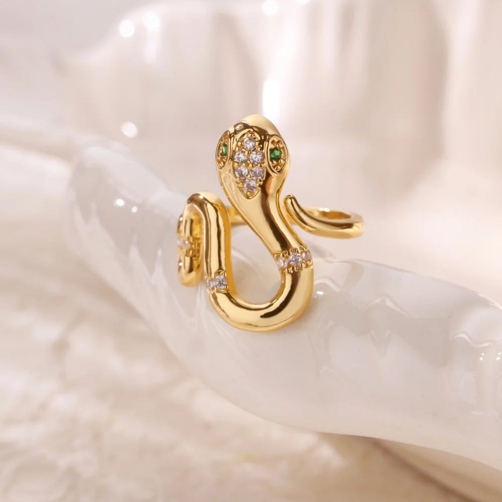 Zircon Snake Rings For Women Men Stainless Steel Gold Color Open Adjustable Ring Vintage Gothic Aesthetic Jewelry anillos mujer