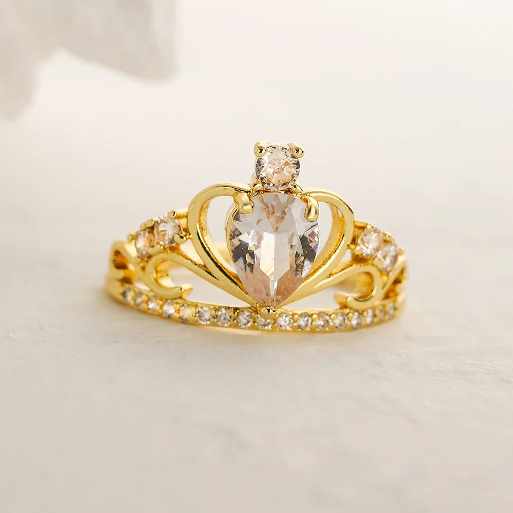 NEWBUY 2025 Trendy Gold Color Crown Charm Finger Rings Open Design Adjustable Shiny CZ Zircon Wedding Jewelry Female