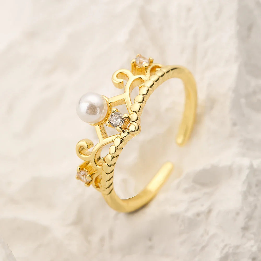 NEWBUY 2025 Trendy Gold Color Crown Charm Finger Rings Open Design Adjustable Shiny CZ Zircon Wedding Jewelry Female