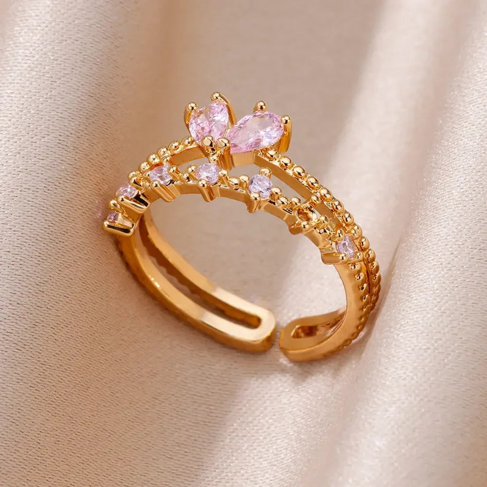 Gold Color Stainless Steel Ring for Women Colorful Cubic Zircon Heart Opening Adjustable Ring Fashion Jewelry Wedding Gift