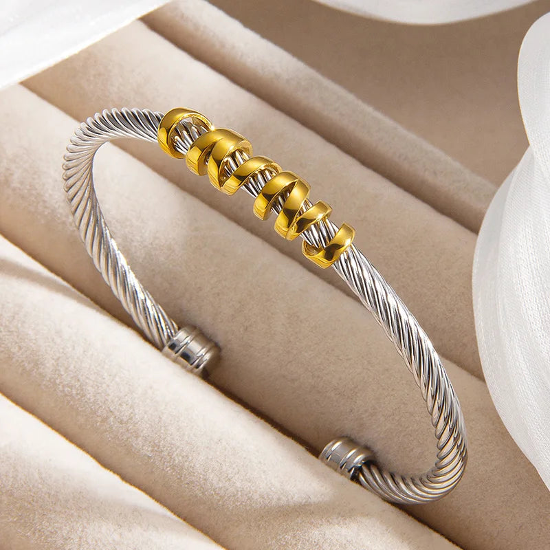 1pcs Stainless Steel Gold-plated Bangle Trendy Retro Hip-hop Style Bracelet Fried Dough Twists Steel Wire Rope Colorfast Bangle