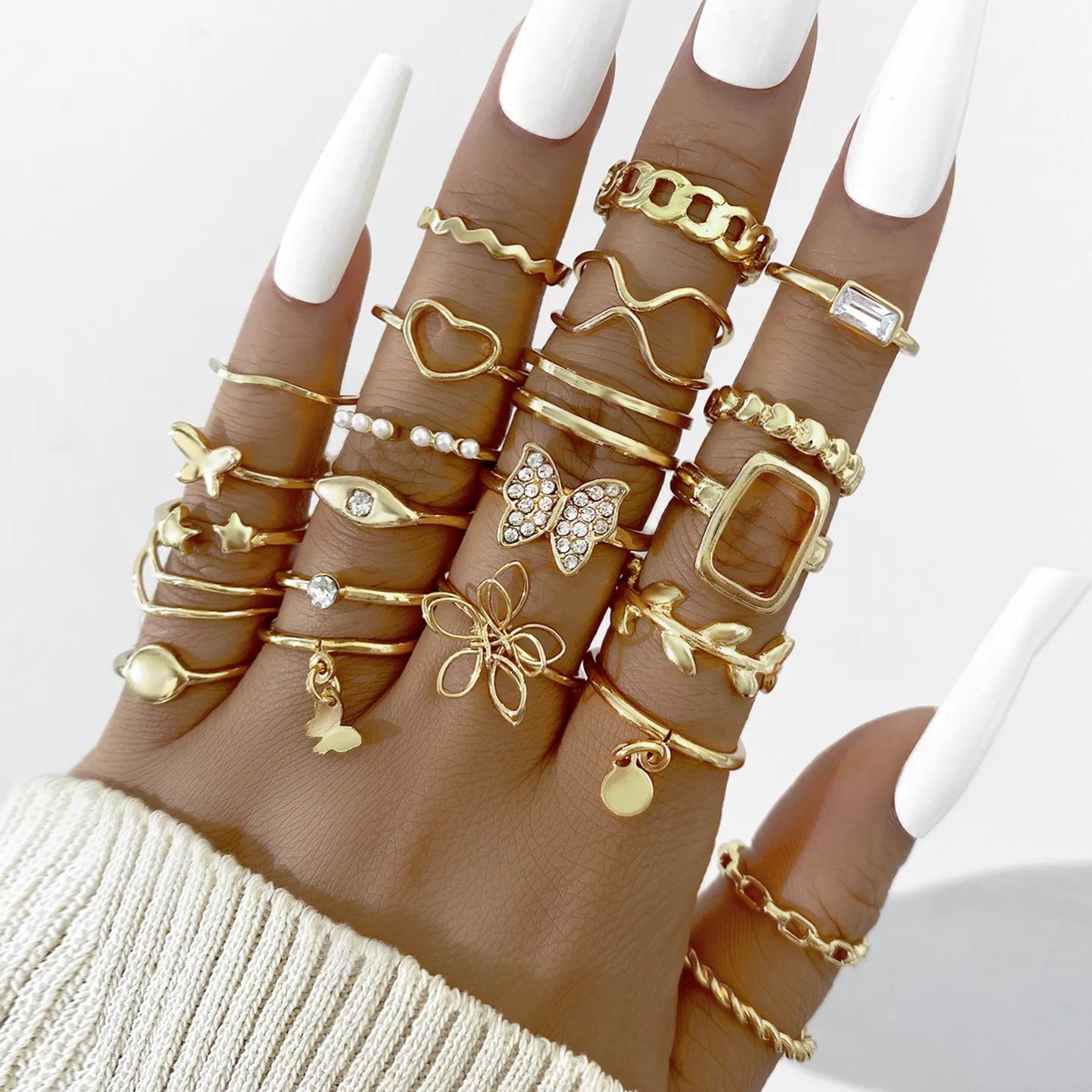 Vintage Irregularly Ring Set for Women Bohemian Gold Color Butterfly Snake Heart Geometric Rings Retro Boho Fashion Jewelry Gift