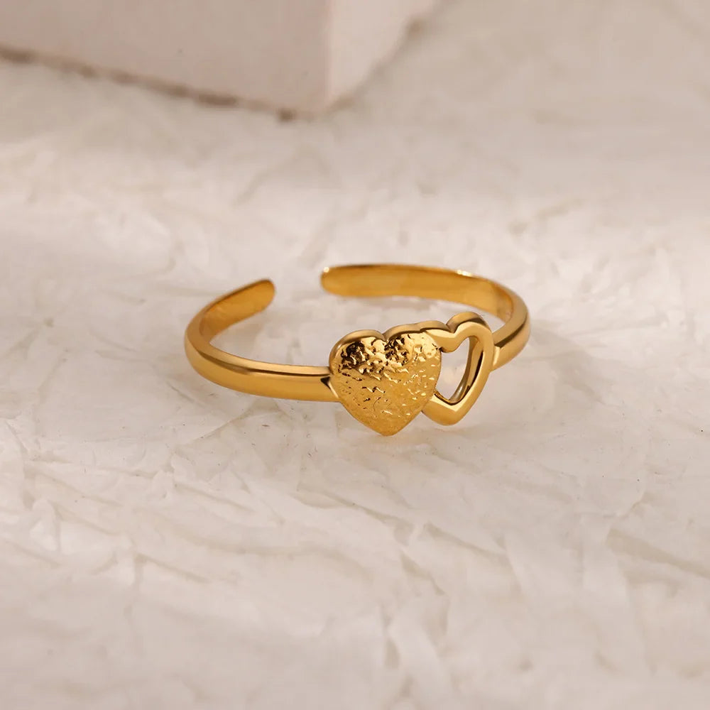 Double Heart Rings For Women Gold Color Stainless Steel Open Adjustable Ring Female Fashion Party Wedding Aesthetic Jewelry Gift