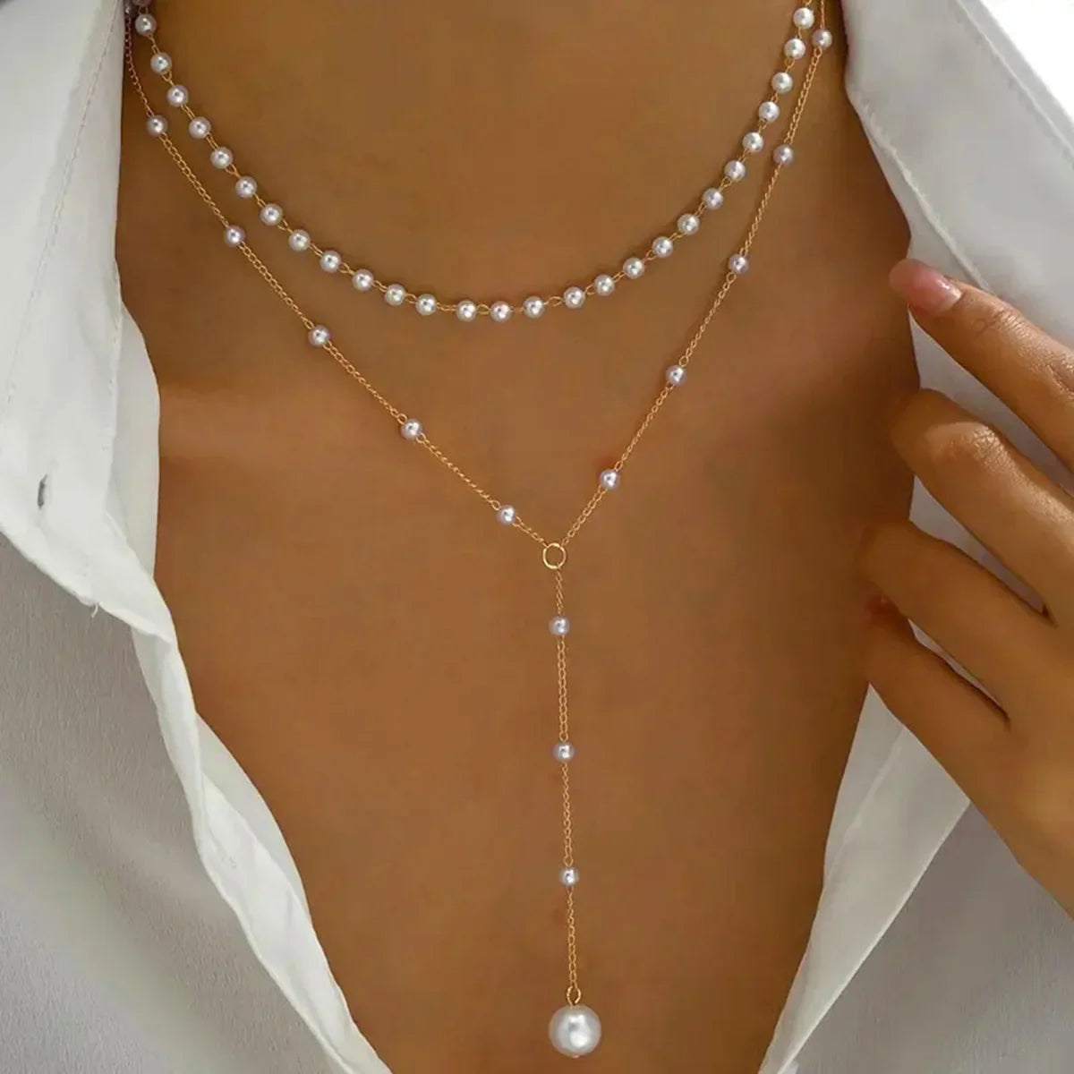 Korean Fashion Imitation Pearl Double Layered Choker Big Ball Bead Pendant Tassel Necklace Women's Sexy Party Body Jewelry