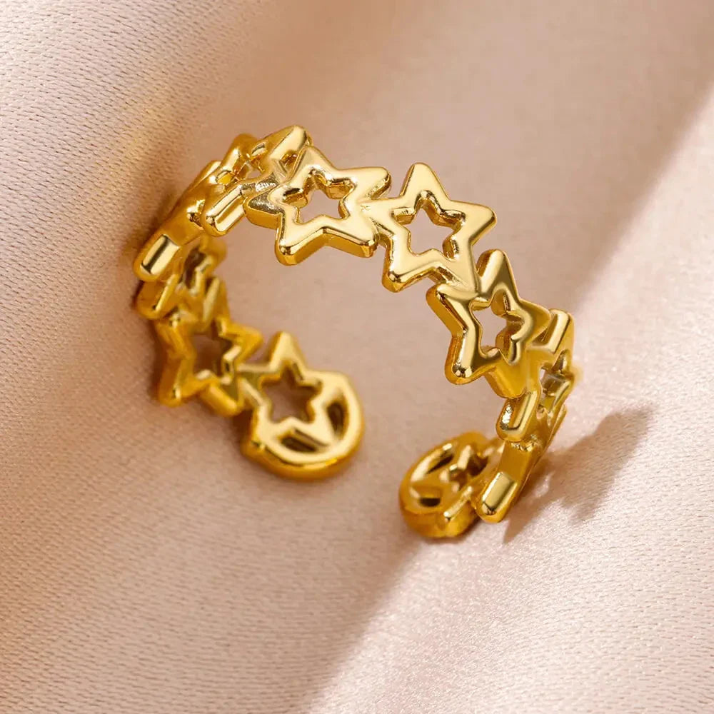 Hollow Out Love Heart Star Rings For Women Stainless Steel Gold Color Cuban Chain Ring Trend Wedding Jewelry Gift anillos mujer
