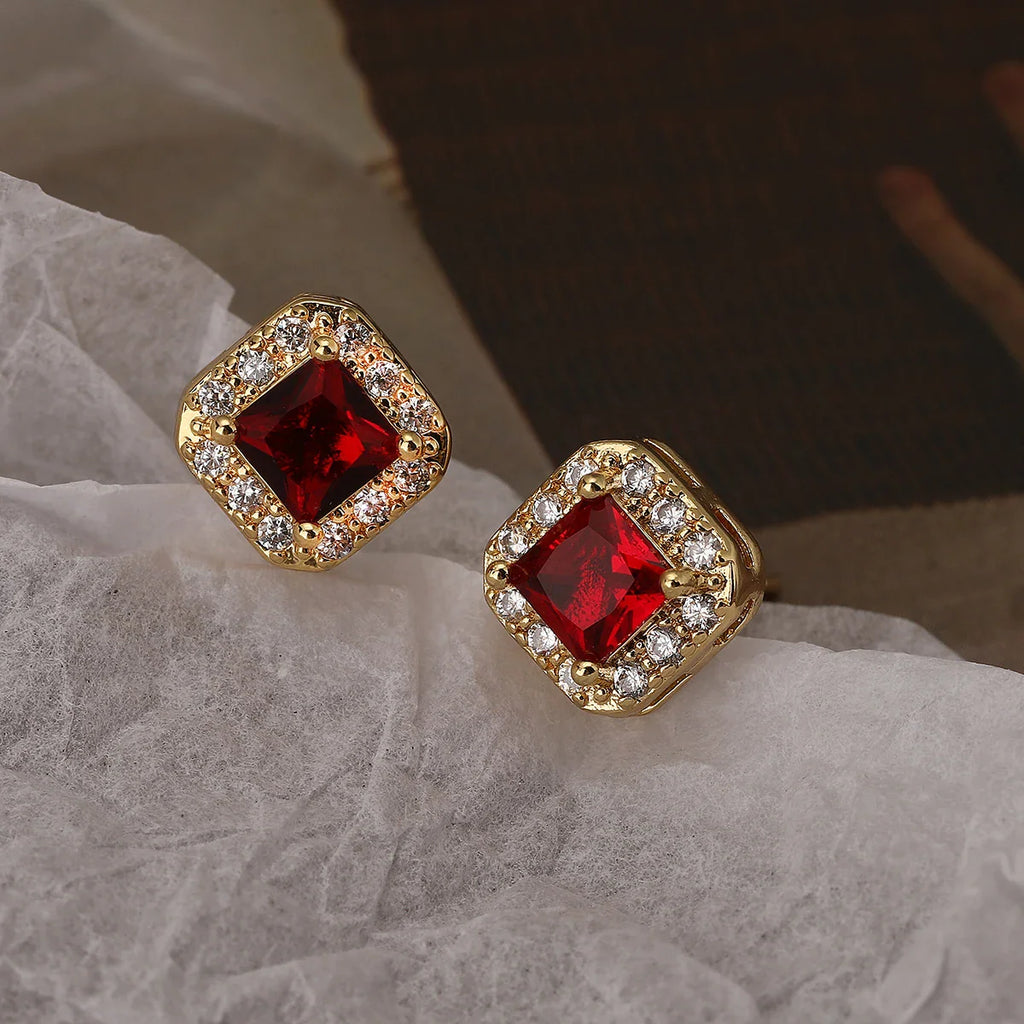 NEWBUY Red/White/Blue/Pink/Green 5 Colors Crystal Square Stud Earrings For Elegant Women Gold Color CZ Wedding Jewelry