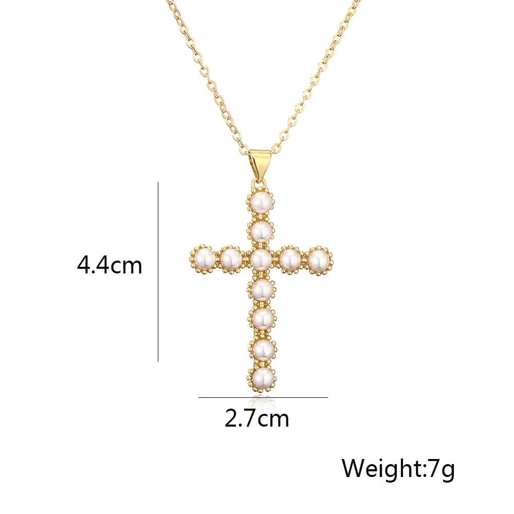 NEWBUY Classic Design Cross Pendant Gold Color 316L Stainless Steel Chain Necklace For Women Luxury Pearl Jewelry