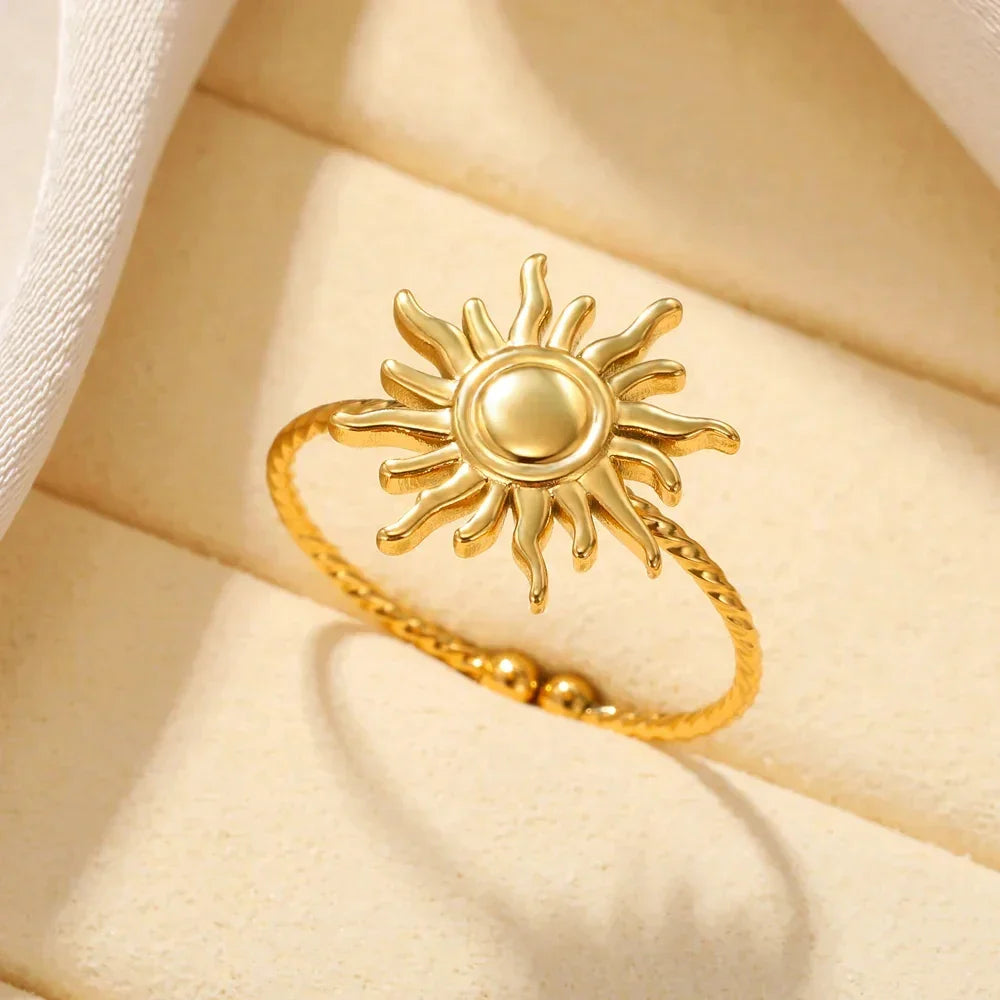 Stainless Steel Sun Rings For Women Gold Color Sun Butterfly Finger Adjustable Ring Aesthetic Fashion Wedding Jewelry Gift