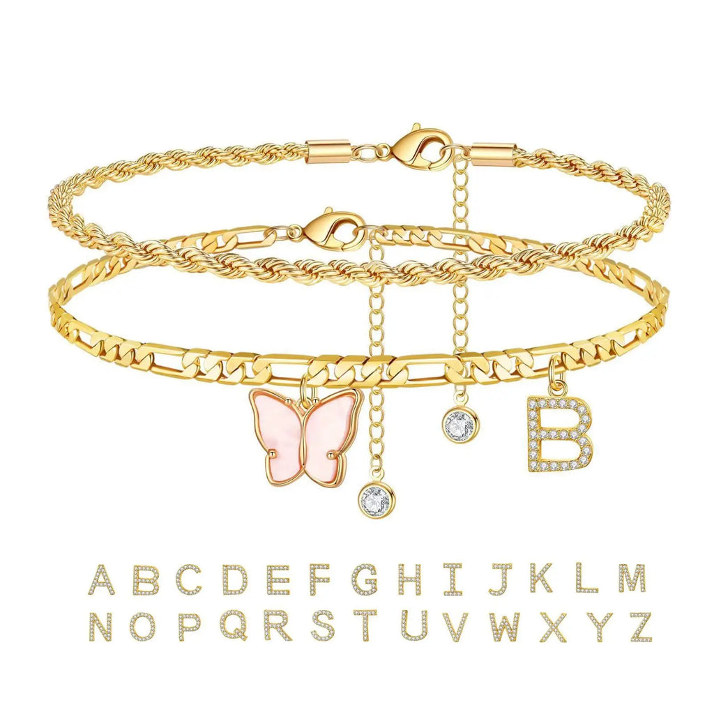 2Pcs Stainless Steel Initial Anklet Set For Women 26 Letter Acrylic Butterfly Charm Chain On Foot Summer Ankle Bracelet Jewelry