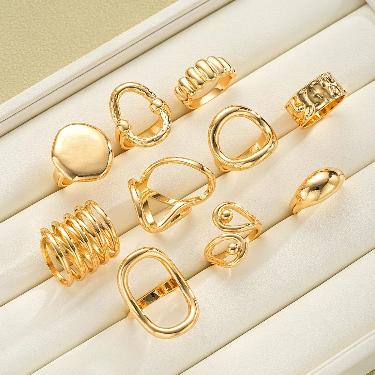New 10Pcs/Set Irregular Smooth Rings Set for Women Geometric Exaggerated Gold Color Finger Rings Vintage Fashion Party Jewelry