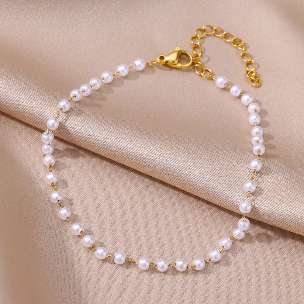 Stainless Steel Imitation Pearl Anklets for Women Gold Color Chain Ankle Bracelet Anklet Summer Beach Jewelry Accessories Gift
