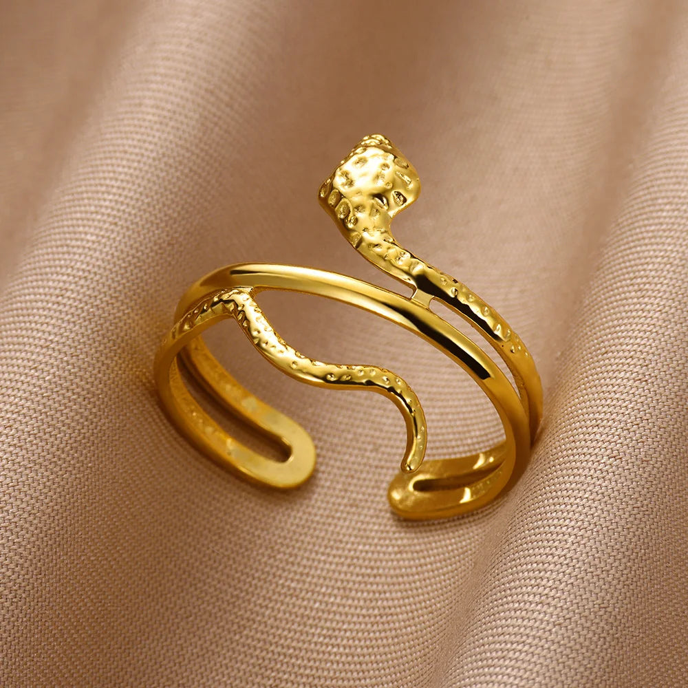 Zircon Snake Rings For Women Men Stainless Steel Gold Color Open Adjustable Ring Vintage Gothic Aesthetic Jewelry anillos mujer