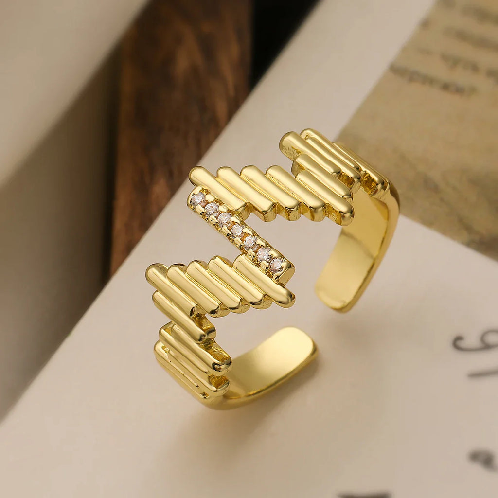 NEWBUY Luxury AAA Cubic Zirconia Inlay Copper Wedding Jewelry Gold Color Statement Geometric Shape Open Design Rings For Women