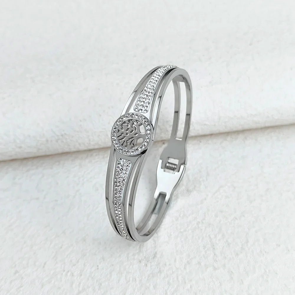 Luxury Stainless Steel Tree of Life Bangle for Women Men Crystal Zircon Bracelet Silver Gold Color Wrist Jewelry Accessories