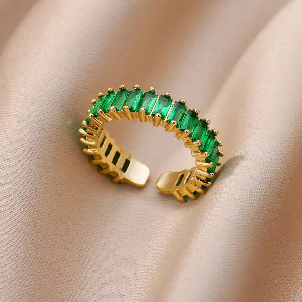Green Cubic Zircon Heart Rings For Women Vintage Gold Color Stainless Steel Open Ring Fashion Aesthetic Jewelry Wedding Gift