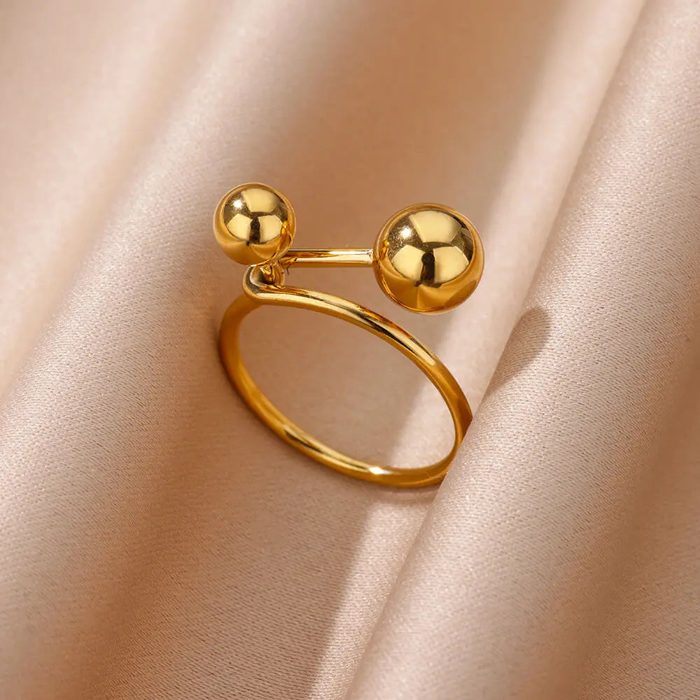Stainless Steel Smooth Double Ball Beads Rings For Woman Vintage Opal Natural Stone Ring Fashion Gold Color Aesthetic Jewelry