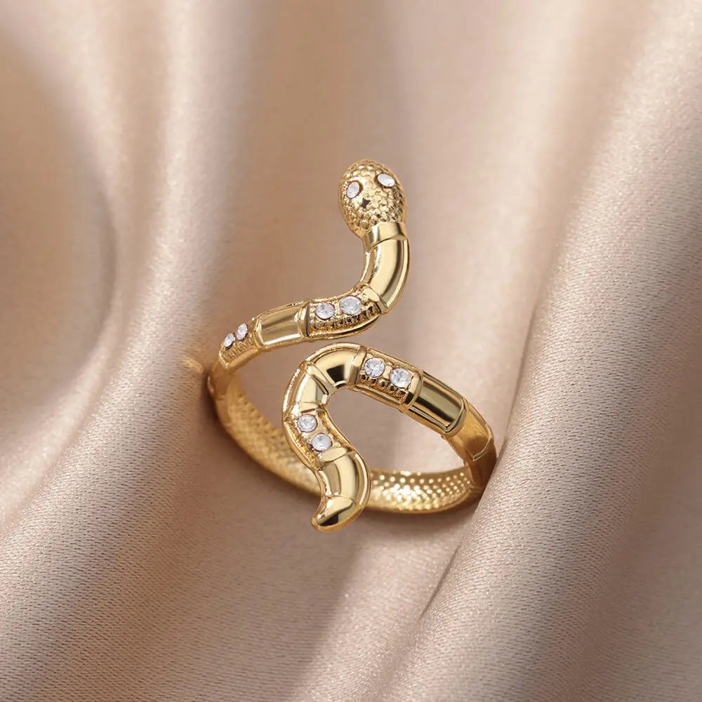 Stainless Steel Snake Rings For Women Men Gold Color Open Adjustable Zircon Ring Vintage Gothic Aesthetic Jewelry anillos mujer