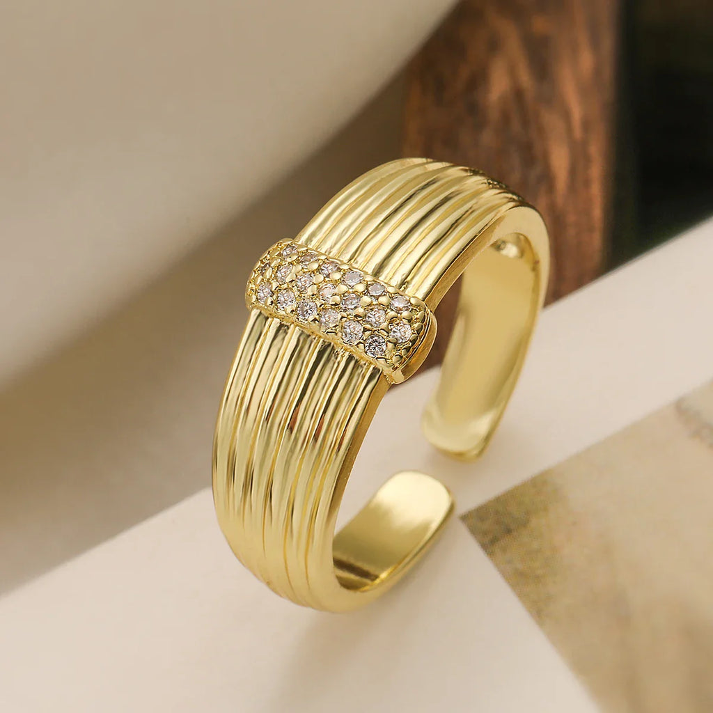 NEWBUY Luxury AAA Cubic Zirconia Inlay Copper Wedding Jewelry Gold Color Statement Geometric Shape Open Design Rings For Women