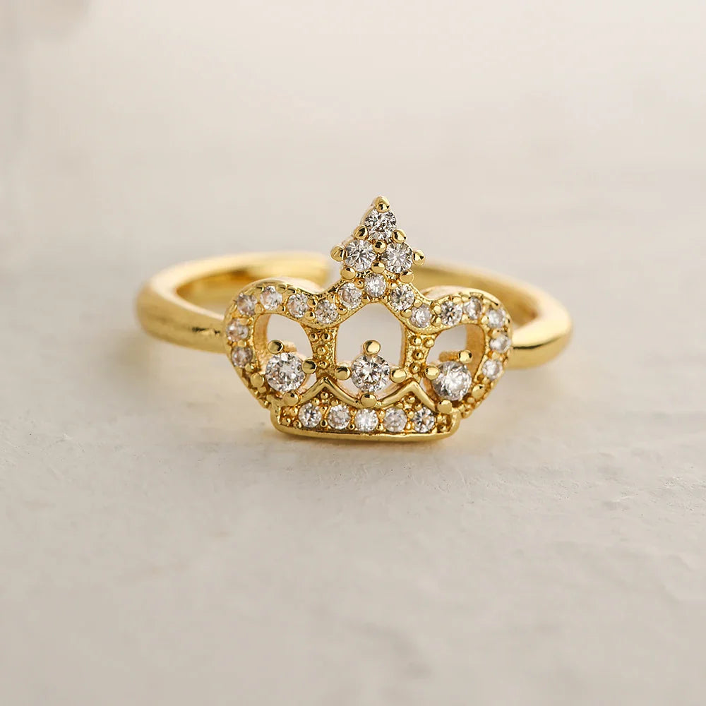NEWBUY 2025 Trendy Gold Color Crown Charm Finger Rings Open Design Adjustable Shiny CZ Zircon Wedding Jewelry Female