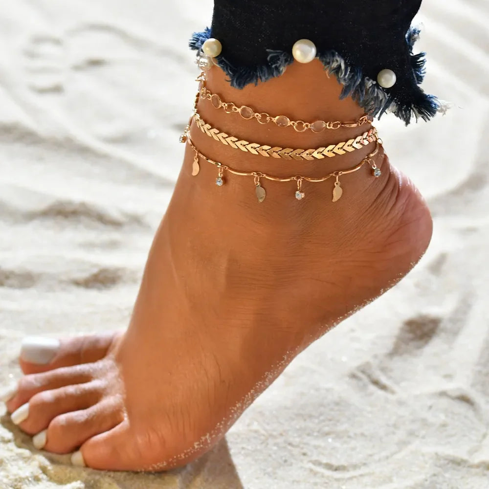 New Summer Shell Anklet Set For Women Sequin Beach Ankle Bracelet Gold Color Leg Chain On Foot Female Bohemian Jewelry
