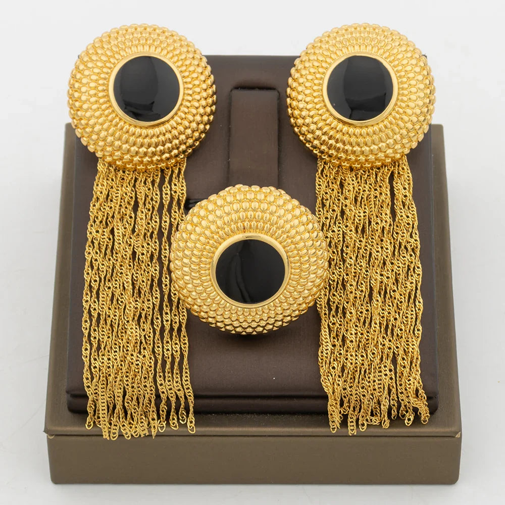 Luxury Tassel Earrings with Ring Set for Dubai African Gold Color and Black Color Matching Jewelry Set Square Design Earrings