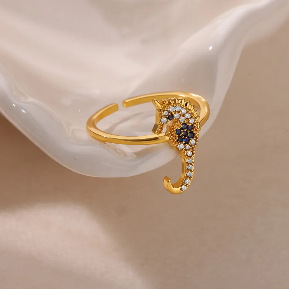 Green Zircon Seahorse Rings For Women Ocean Shell Starfish Turtle Stainless Steel Gold Color Finger Ring Summer Beach Jewelry