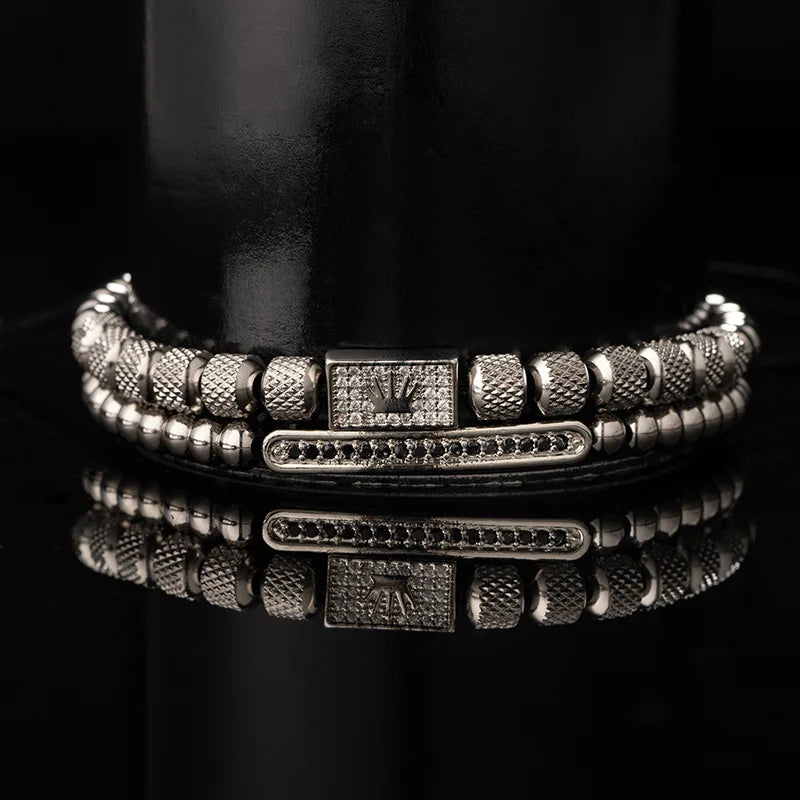1set Stainless Steel Bracelet Pineapple Bead Crown with Zircon Weaving Adjustable Bracelet Set Trendy Fashion Accessories