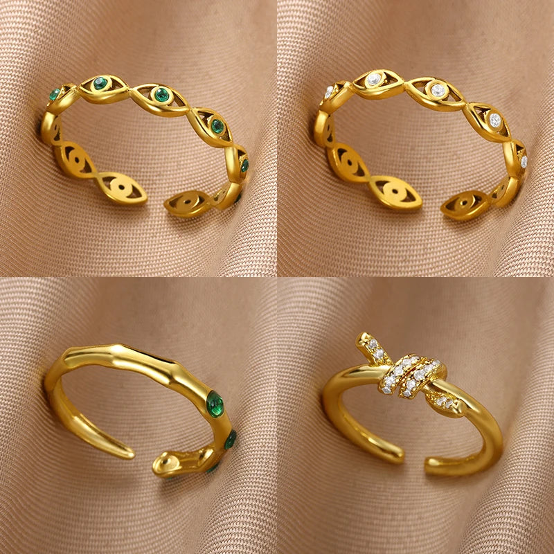 Green Zircon Evil Eye Rings For Women Stainless Steel Gold Color Geometric Open Ring New Wedding Waterproof Fashion Jewelry Gift