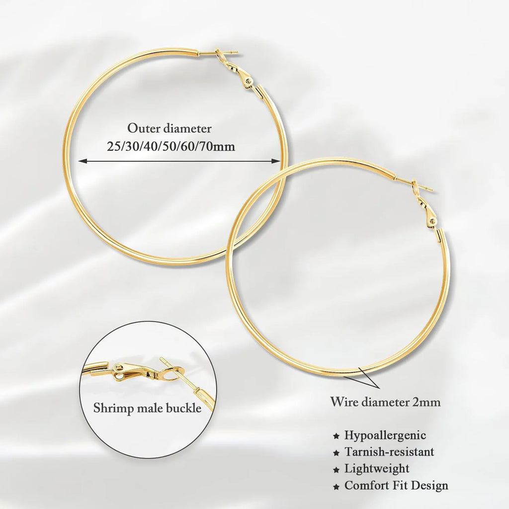 Classic Stainless Steel Big Circle Hoop Huggie Earrings for Women, 25mm/30mm/40mm/50mm/60mm/70mm