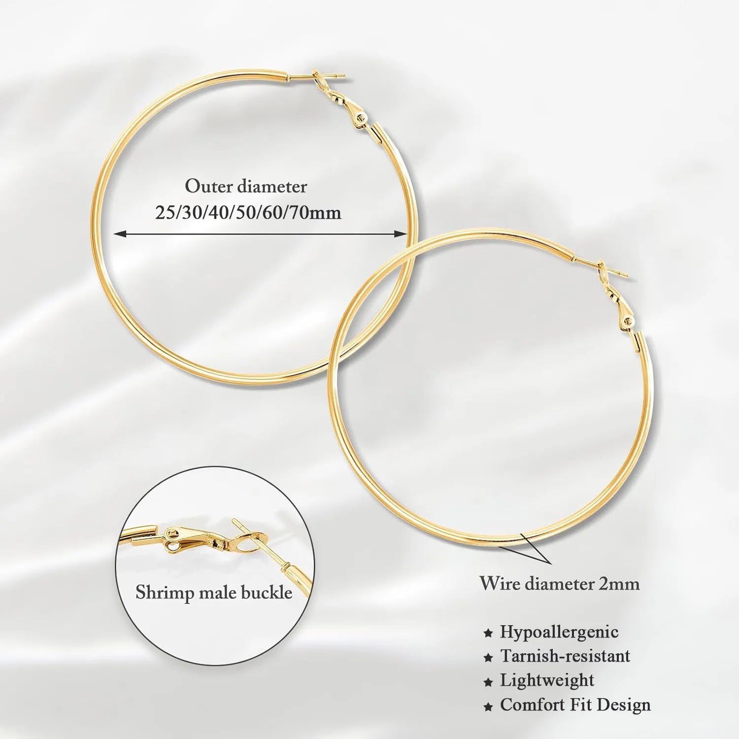 Classic Stainless Steel Big Circle Hoop Huggie Earrings for Women, 25mm/30mm/40mm/50mm/60mm/70mm