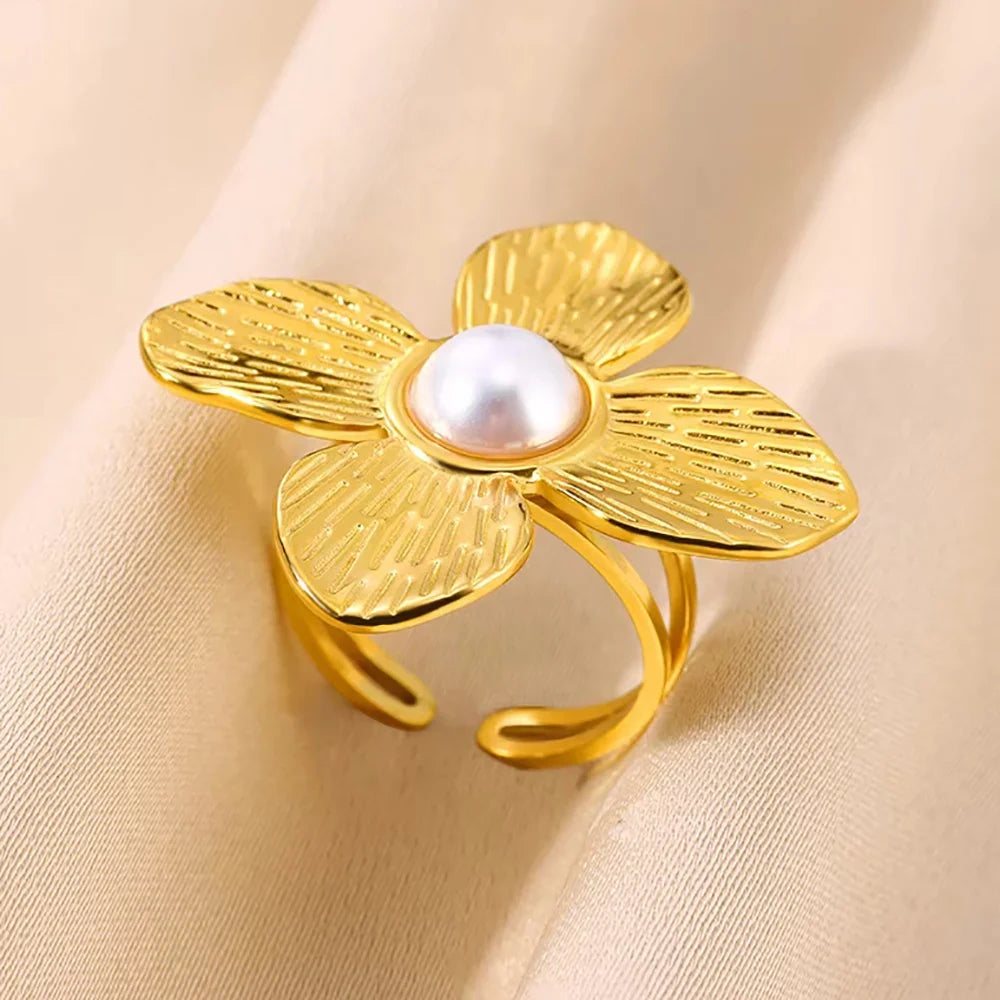 Stainless Steel Flower Big Open Rings For Women Gold Color Imitation Pearl Hollow Out Ring Trendy Aesthetic Jewerly Gifts