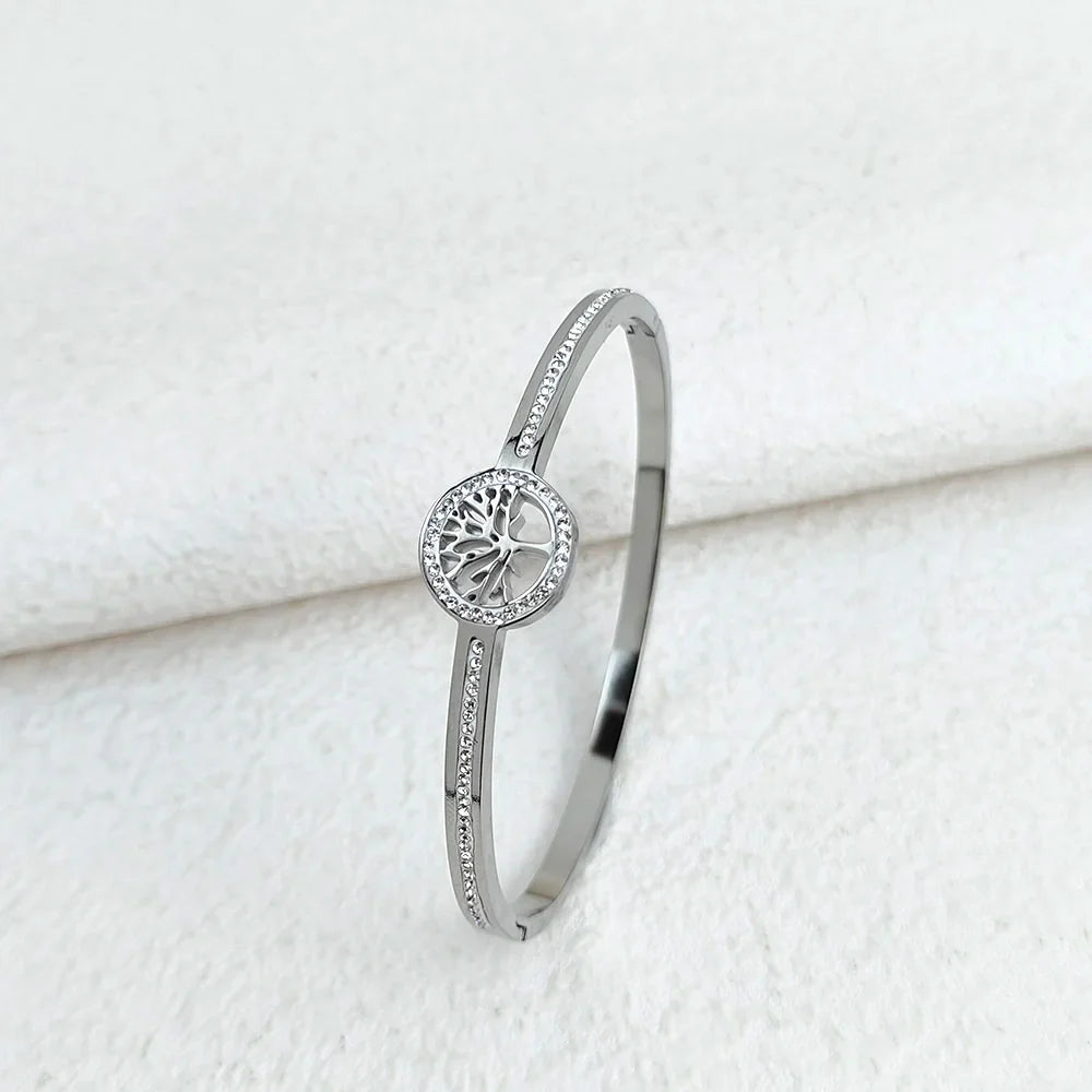Luxury Stainless Steel Tree of Life Bangle for Women Men Crystal Zircon Bracelet Silver Gold Color Wrist Jewelry Accessories